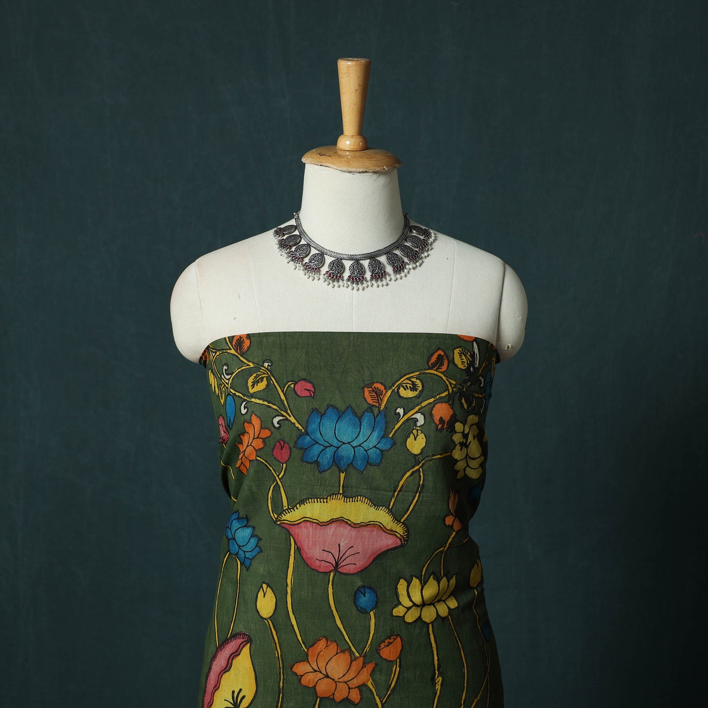 Handpainted Srikalahasti Pen Work Kalamkari Bangalore Silk 2pc Unstitched Dress Material Kurta Set 04