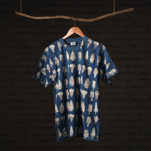 Blue - Bindaas Block Art Printed Cotton Round Neck T-shirt