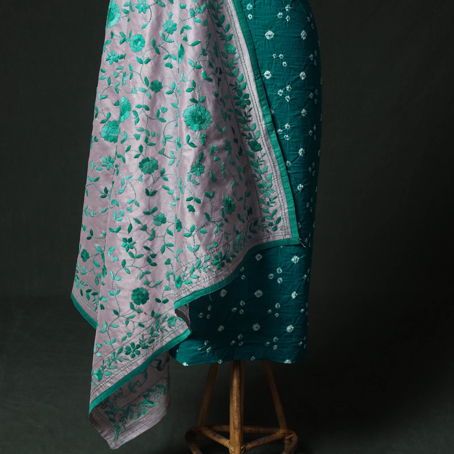 Green - Kutch Bandhani Tie-Dye Cotton 2pc Unstitched Dress Material Kurta Set with Earrings 18