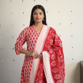 Red Handloom Cotton Pochampally Ikat Kurta Set (Set of 3)