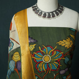 Handpainted Srikalahasti Pen Work Kalamkari Bangalore Silk 2pc Unstitched Dress Material Kurta Set 05