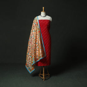 Red - Kutch Bandhani Tie-Dye Cotton 2pc Unstitched Dress Material Kurta Set with Earrings 19