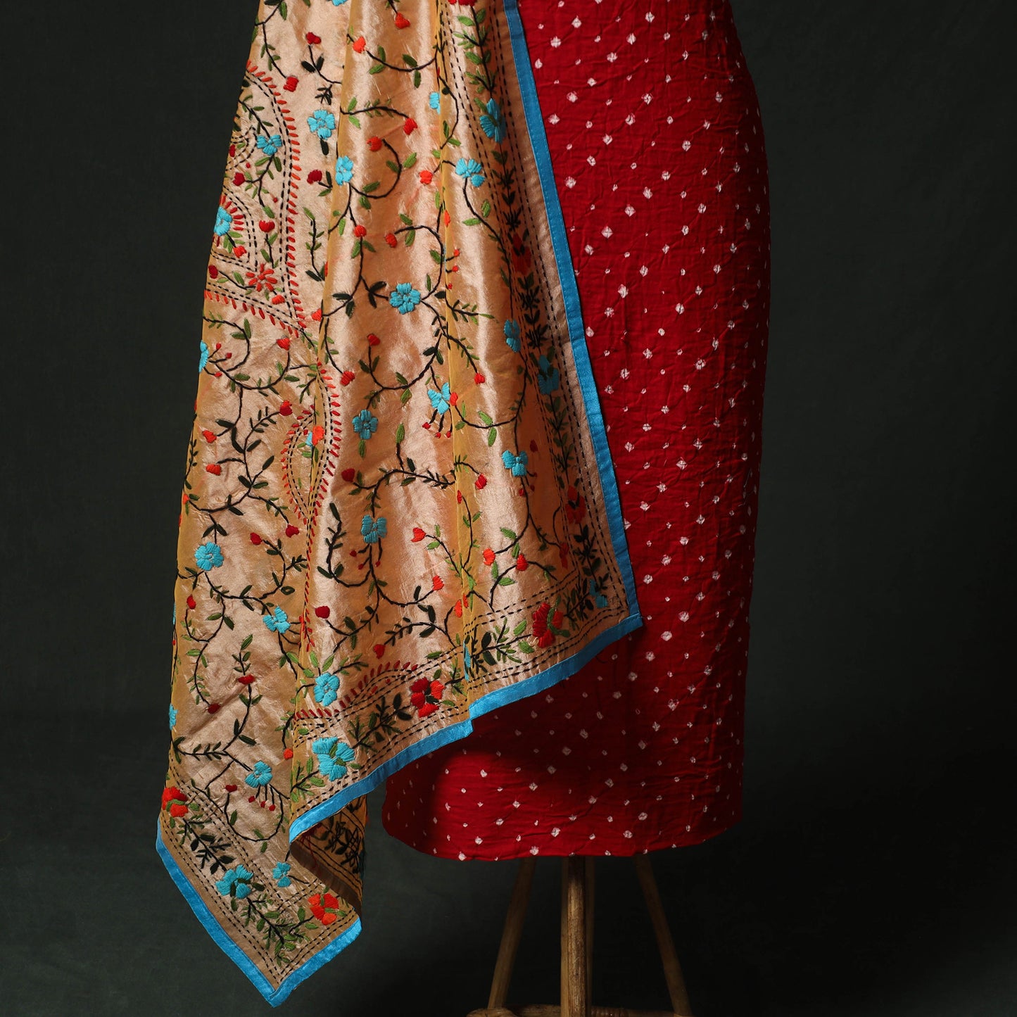 Red - Kutch Bandhani Tie-Dye Cotton 2pc Unstitched Dress Material Kurta Set with Earrings 19