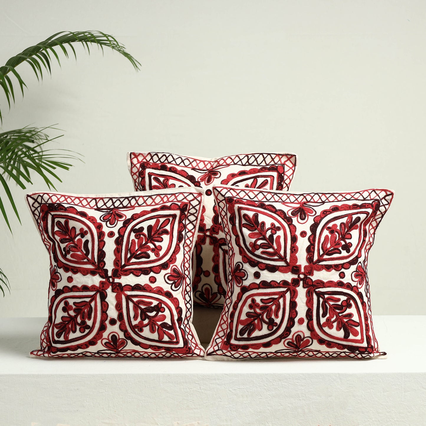 Maroon - Aari Hand Embroidery Cotton Cushion Cover Set of 5 (16 x 16 in)