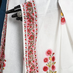 White Block Print Cotton Sanganeri Floral Dupatta