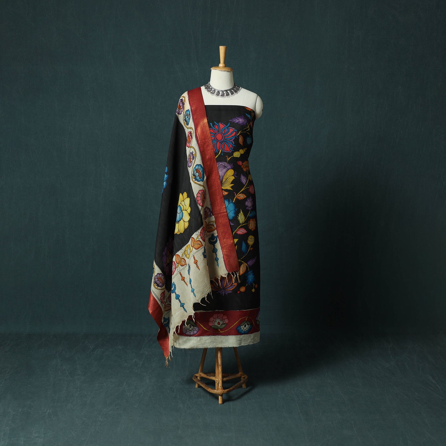 Handpainted Srikalahasti Pen Work Kalamkari Bangalore Silk 2pc Unstitched Dress Material Kurta Set 06