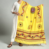 Yellow - Kutch Hand Embroidery Mirror Work Printed Cotton Dupatta 27