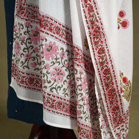 White Block Print Cotton Sanganeri Floral Dupatta