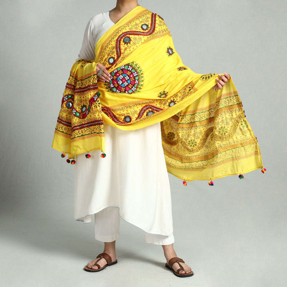 Yellow - Kutch Hand Embroidery Mirror Work Printed Cotton Dupatta 27