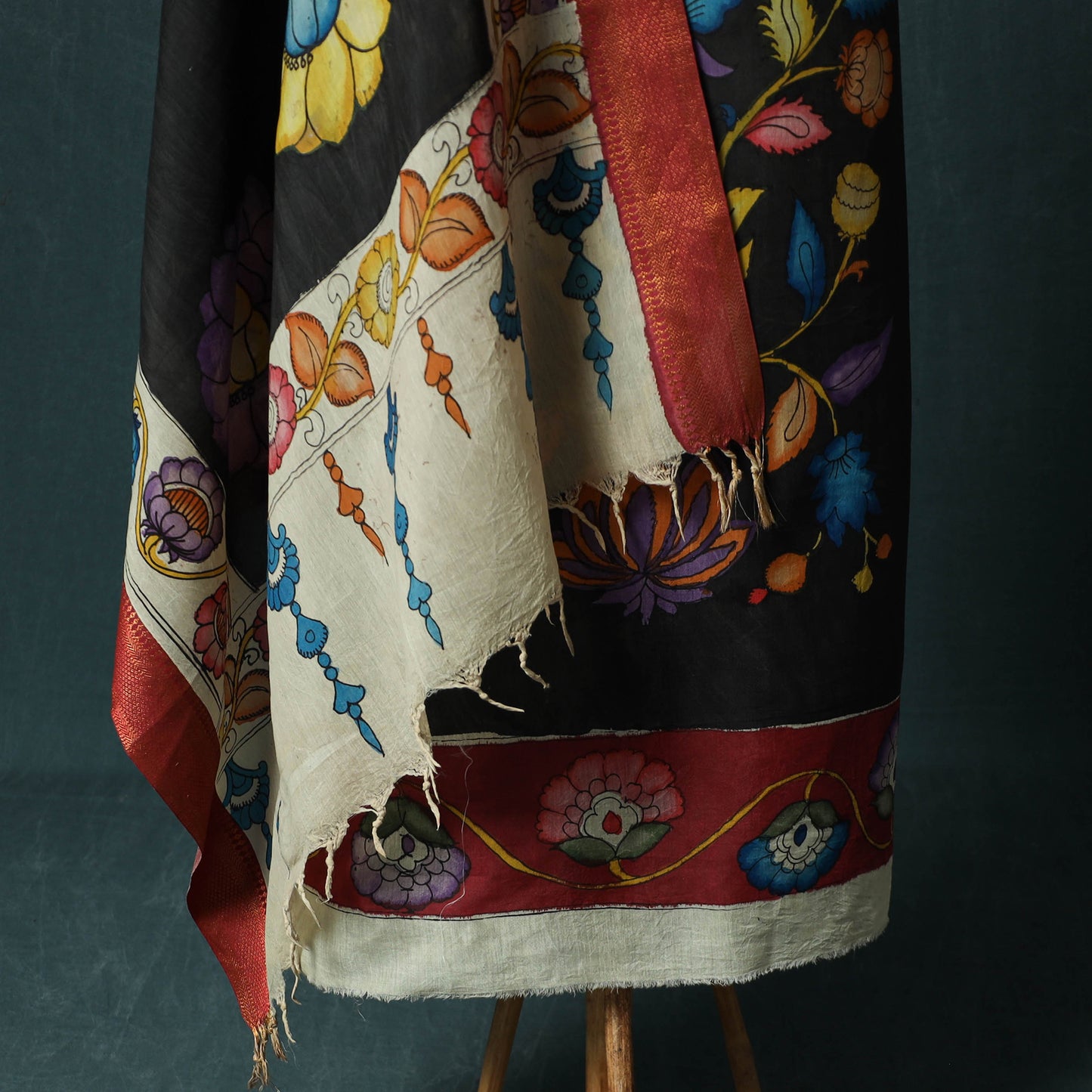 Handpainted Srikalahasti Pen Work Kalamkari Bangalore Silk 2pc Unstitched Dress Material Kurta Set 06