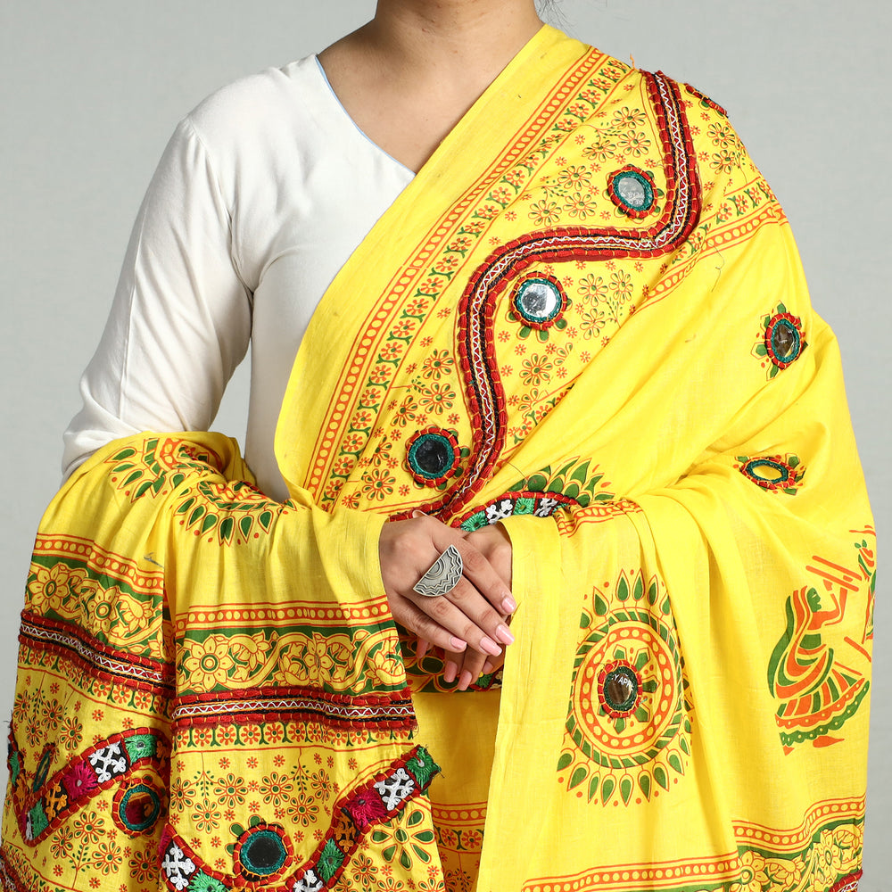 Yellow - Kutch Hand Embroidery Mirror Work Printed Cotton Dupatta 27