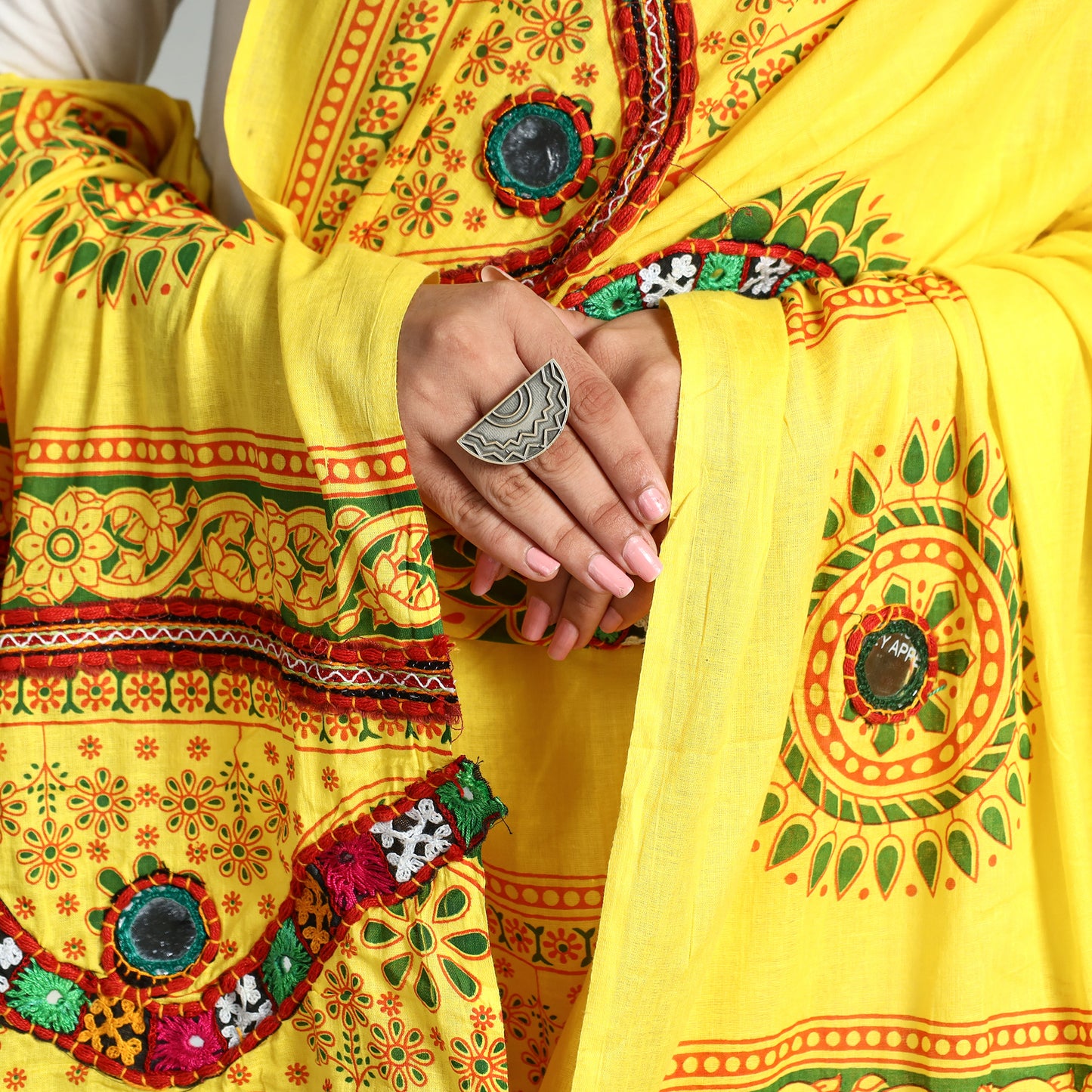 Yellow - Kutch Hand Embroidery Mirror Work Printed Cotton Dupatta 27