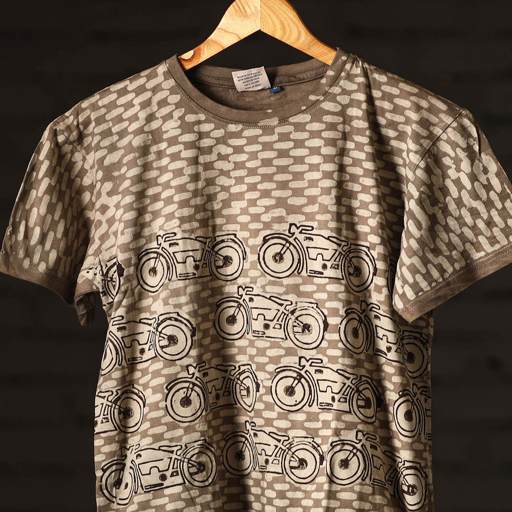 Brown - Bindaas Block Art Prints Natural Dyed Cotton Unisex Round Neck T-shirt