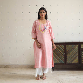 Pink - Zubiya Peach Gota Work Slub Silk Plain Kurta