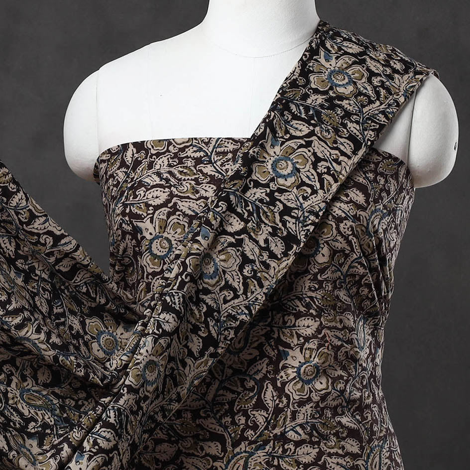 Black - 3pc Cotton Pedana Block Print Kalamkari Dress Material 11