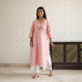 Pink - Zubiya Peach Gota Work Slub Silk Plain Kurta