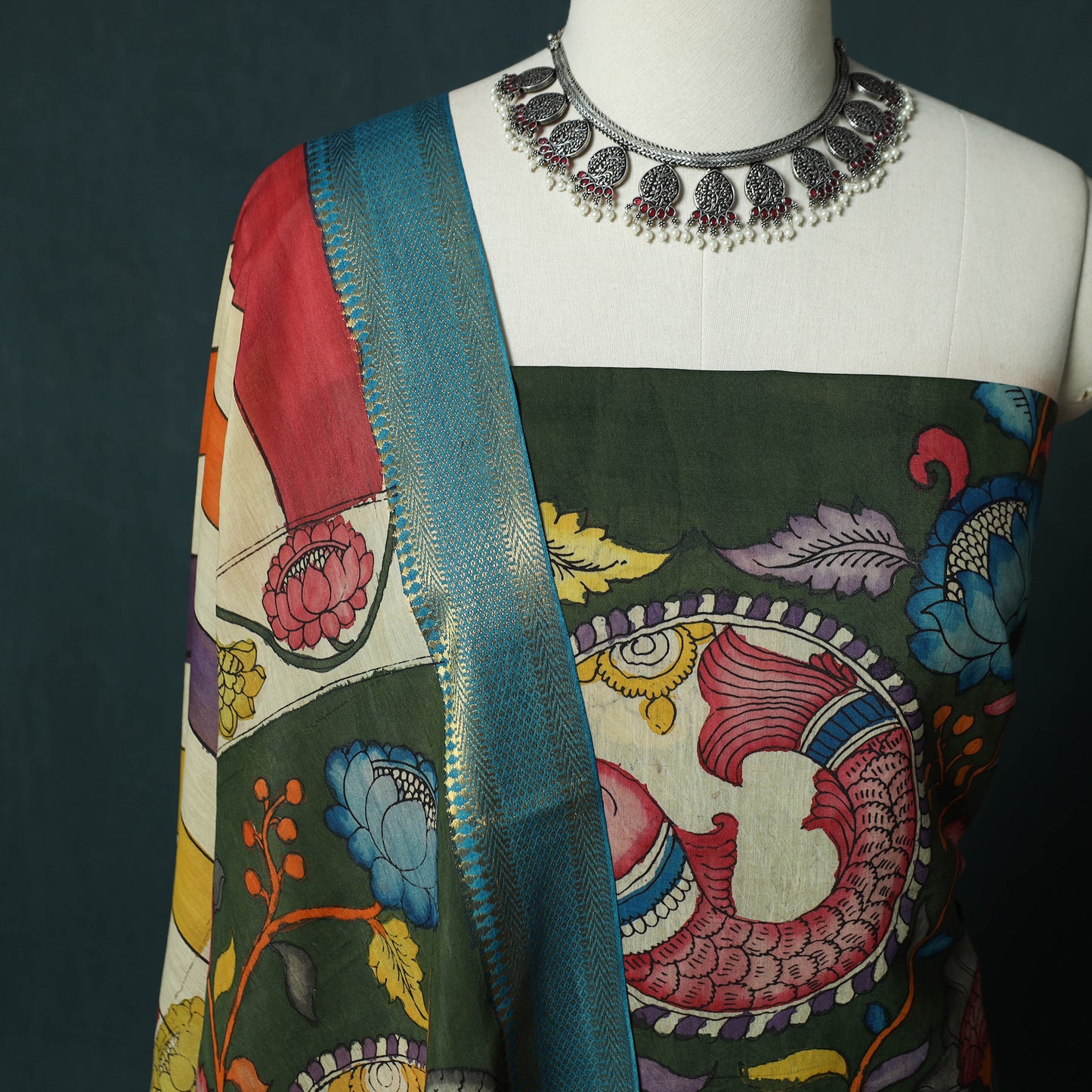 Handpainted Srikalahasti Pen Work Kalamkari Bangalore Silk 2pc Unstitched Dress Material Kurta Set 07