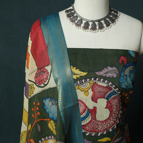 Handpainted Srikalahasti Pen Work Kalamkari Bangalore Silk 2pc Unstitched Dress Material Kurta Set 07