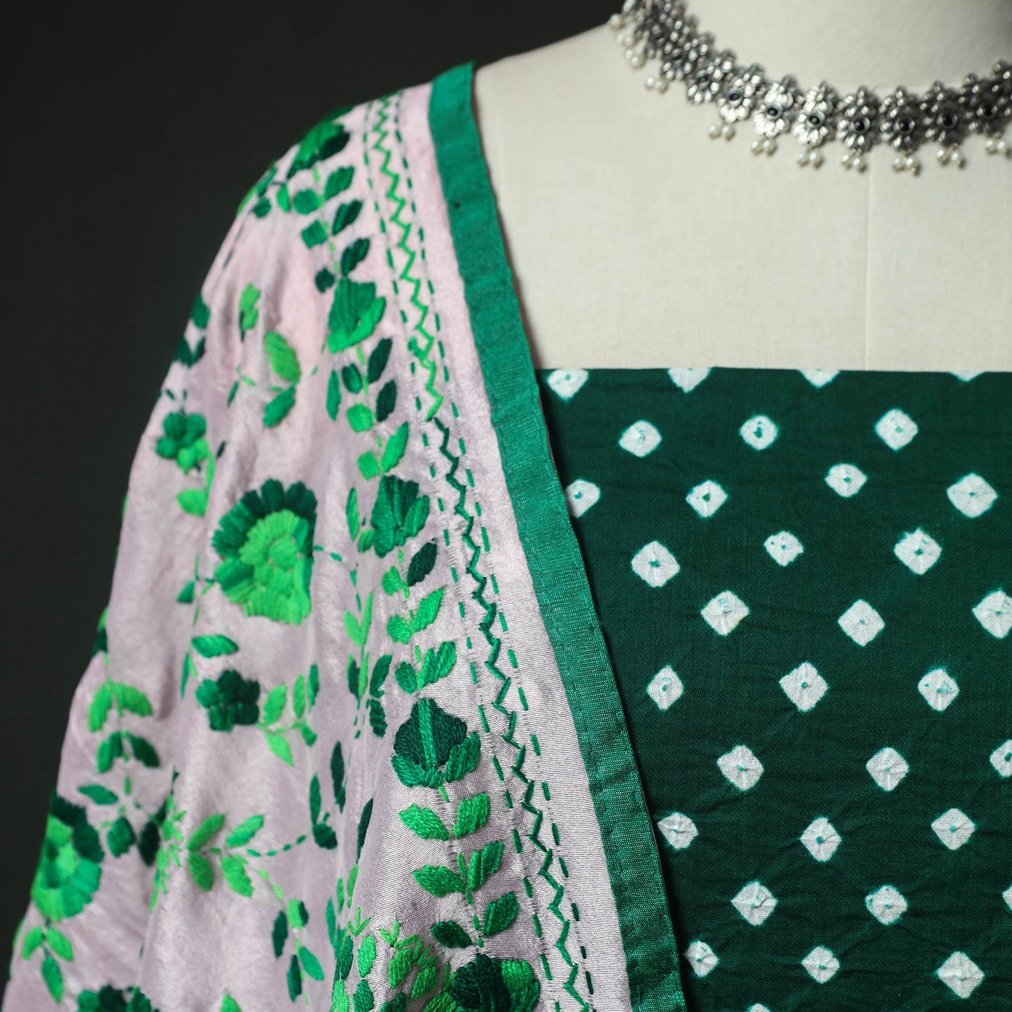 Green - Kutch Bandhani Tie-Dye Cotton 2pc Unstitched Dress Material Kurta Set with Earrings 21