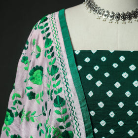 Green - Kutch Bandhani Tie-Dye Cotton 2pc Unstitched Dress Material Kurta Set with Earrings 21