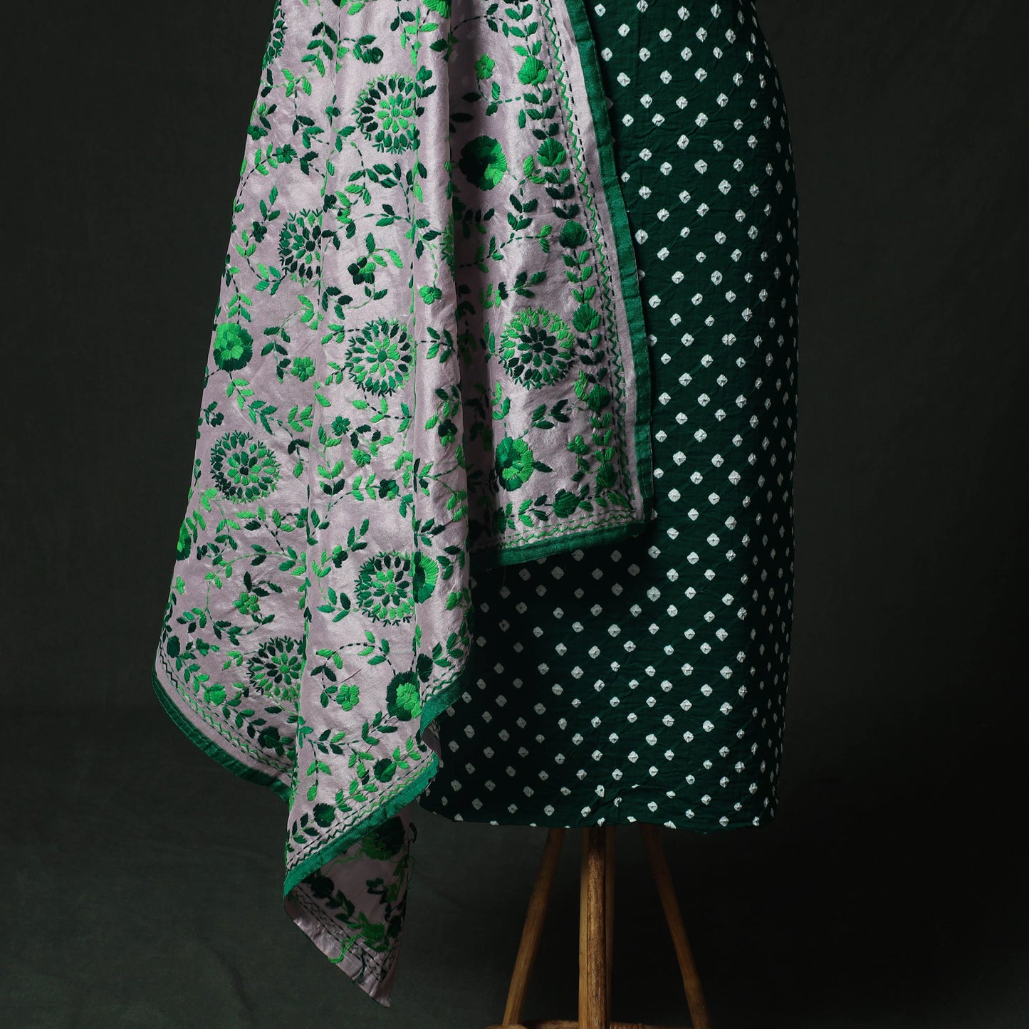 Green - Kutch Bandhani Tie-Dye Cotton 2pc Unstitched Dress Material Kurta Set with Earrings 21