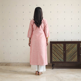 Pink - Zubiya Peach Gota Work Slub Silk Plain Kurta