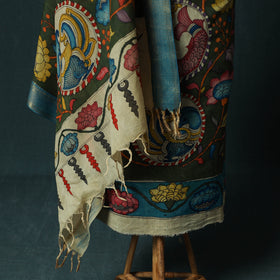 Handpainted Srikalahasti Pen Work Kalamkari Bangalore Silk 2pc Unstitched Dress Material Kurta Set 07
