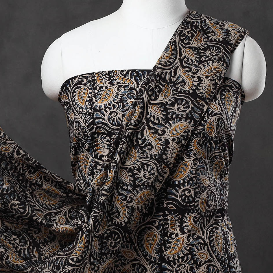 Black - 3pc Cotton Pedana Block Print Kalamkari Dress Material 12