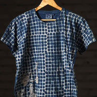 Blue - Bindaas Natural Dyed Art Block Print Round Neck T-shirt in Pure Cotton