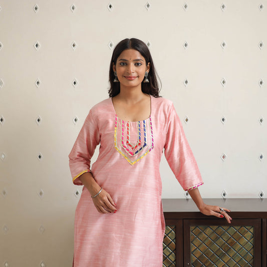 Pink - Zubiya Peach Gota Work Slub Silk Plain Kurta