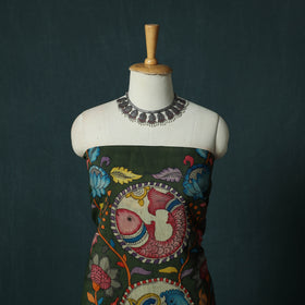 Handpainted Srikalahasti Pen Work Kalamkari Bangalore Silk 2pc Unstitched Dress Material Kurta Set 07