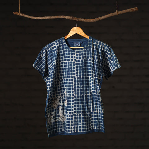 Blue - Bindaas Natural Dyed Art Block Print Round Neck T-shirt in Pure Cotton