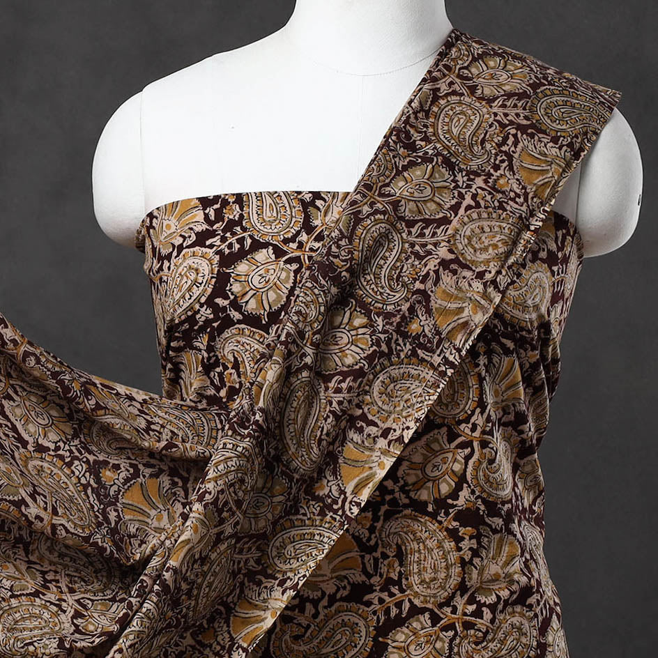 Brown - 3pc Cotton Pedana Block Print Kalamkari Dress Material 13