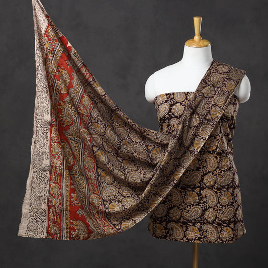 Brown - 3pc Cotton Pedana Block Print Kalamkari Dress Material 13