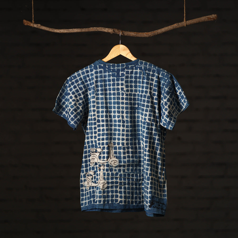 Blue - Bindaas Natural Dyed Art Block Print Round Neck T-shirt in Pure Cotton