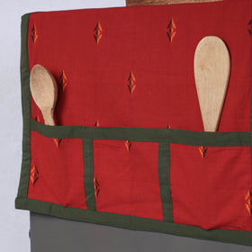 Red - Jacquard Weave Cotton Fridge Top Cover with Multiple Pockets