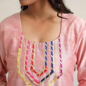 Pink - Zubiya Peach Gota Work Slub Silk Plain Kurta