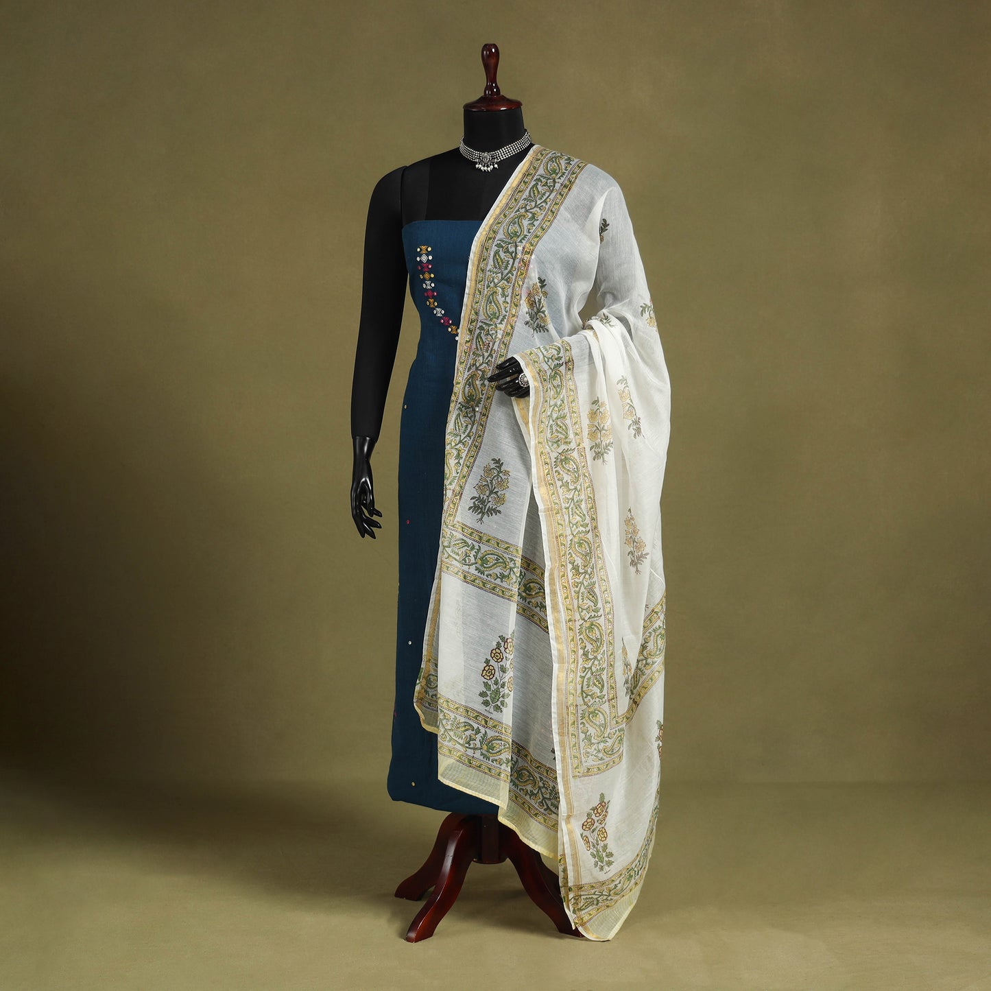 White Block Print Chanderi Silk Sanganeri Floral Dupatta