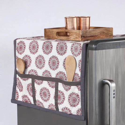 Sanganeri Block Printed Cotton Fridge Top Cover with Multiple Pockets