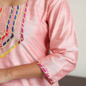 Pink - Zubiya Peach Gota Work Slub Silk Plain Kurta