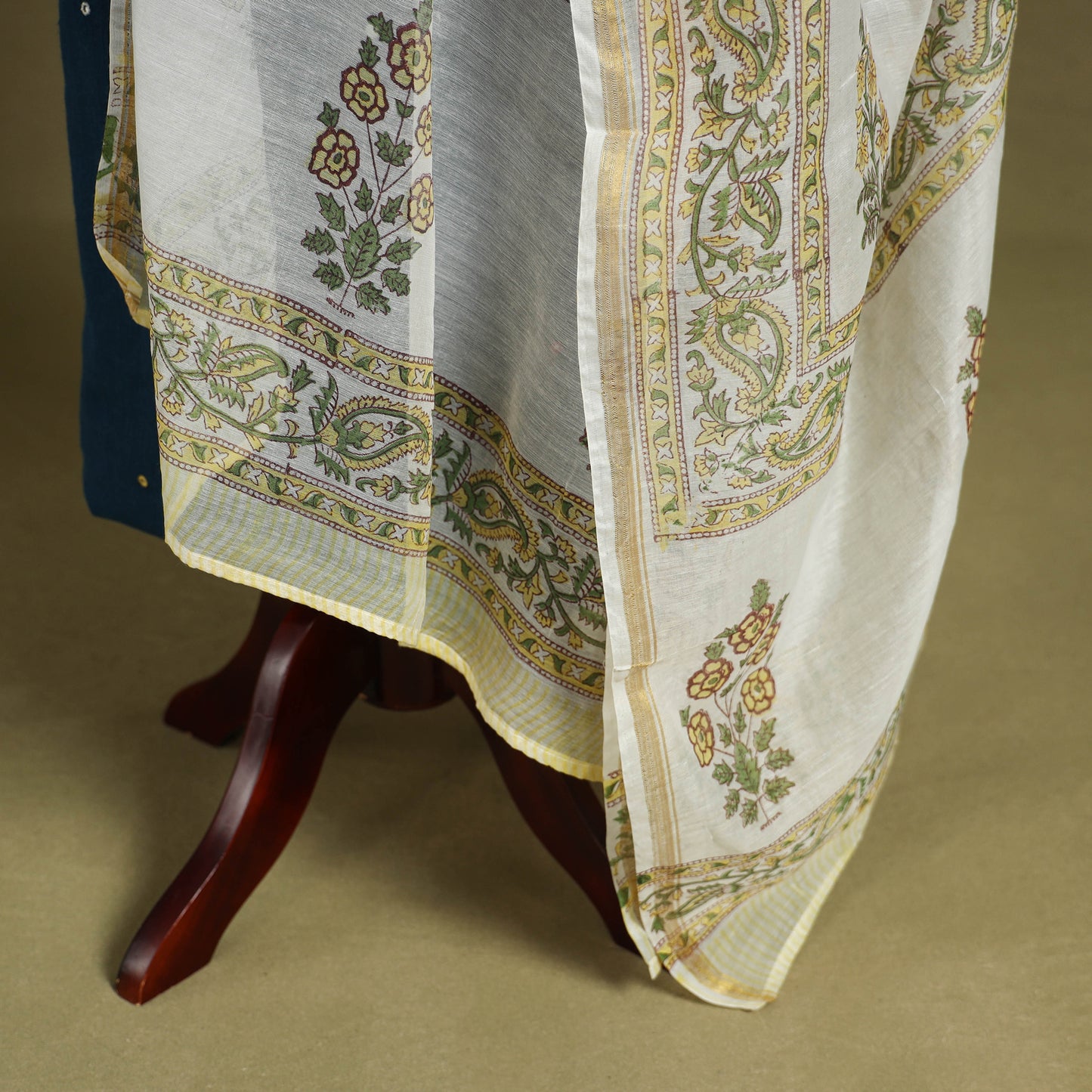 White Block Print Chanderi Silk Sanganeri Floral Dupatta