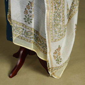White Block Print Chanderi Silk Sanganeri Floral Dupatta