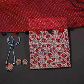 Red Designer! Block Print Cotton Dress Material with Jewellery Set