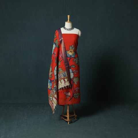 Handpainted Srikalahasti Pen Work Kalamkari Bangalore Silk 2pc Unstitched Dress Material Kurta Set 08