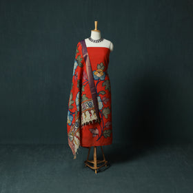Handpainted Srikalahasti Pen Work Kalamkari Bangalore Silk 2pc Unstitched Dress Material Kurta Set 08