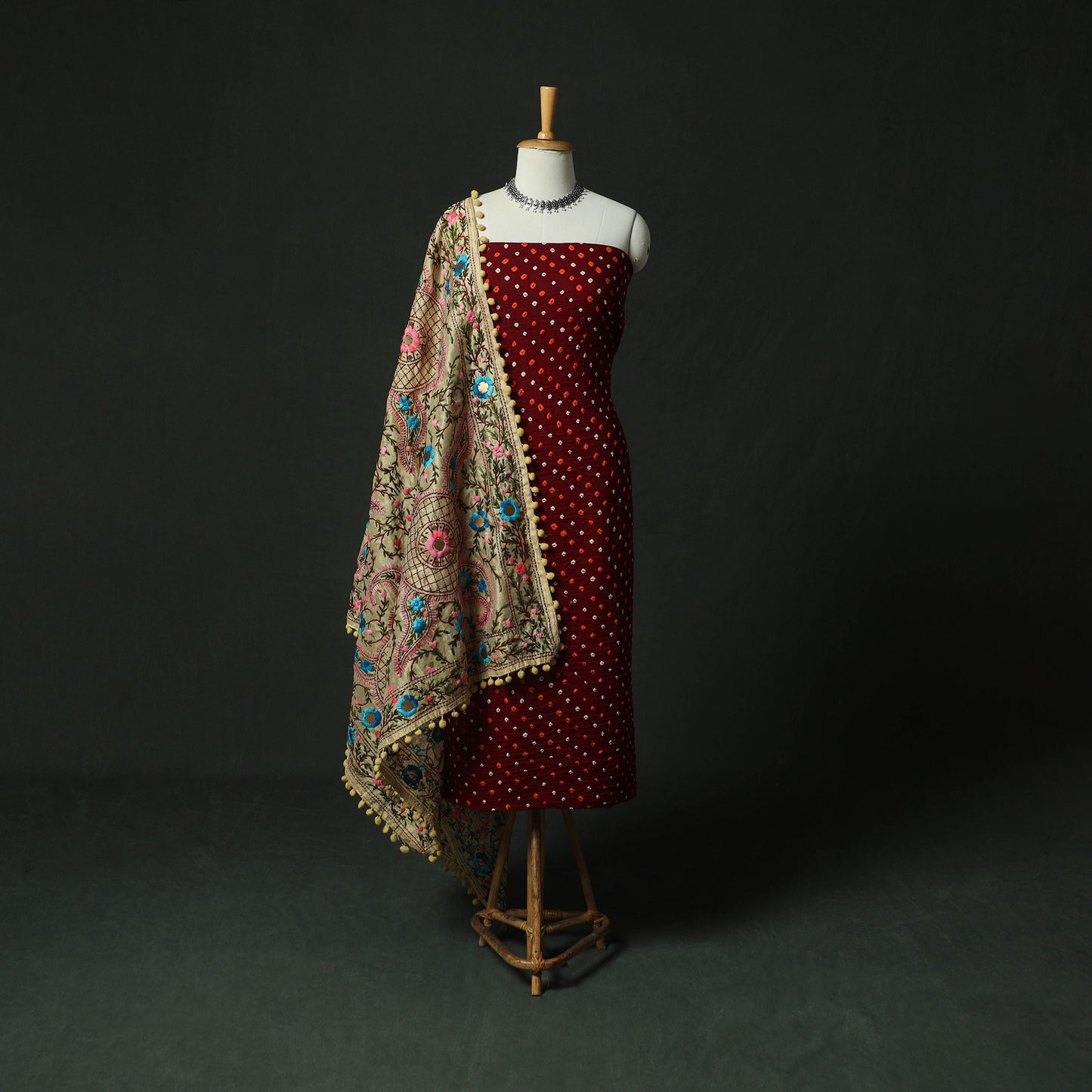 Maroon - Kutch Bandhani Tie-Dye Cotton 2pc Unstitched Dress Material Kurta Set with Earrings 22