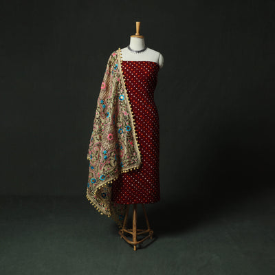 Maroon - Kutch Bandhani Tie-Dye Cotton 2pc Unstitched Dress Material Kurta Set with Earrings 22