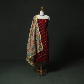 Maroon - Kutch Bandhani Tie-Dye Cotton 2pc Unstitched Dress Material Kurta Set with Earrings 22