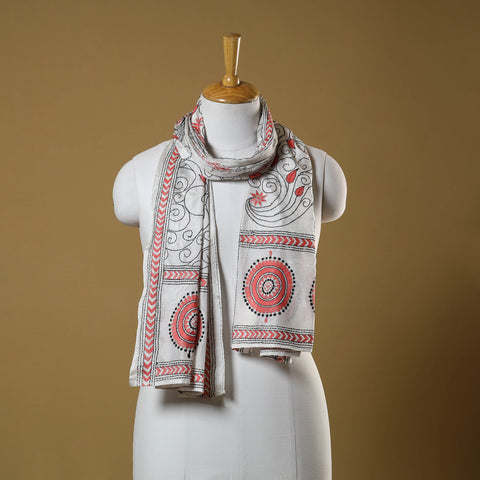 White - handloom tussar silk bengal kantha work stole 04