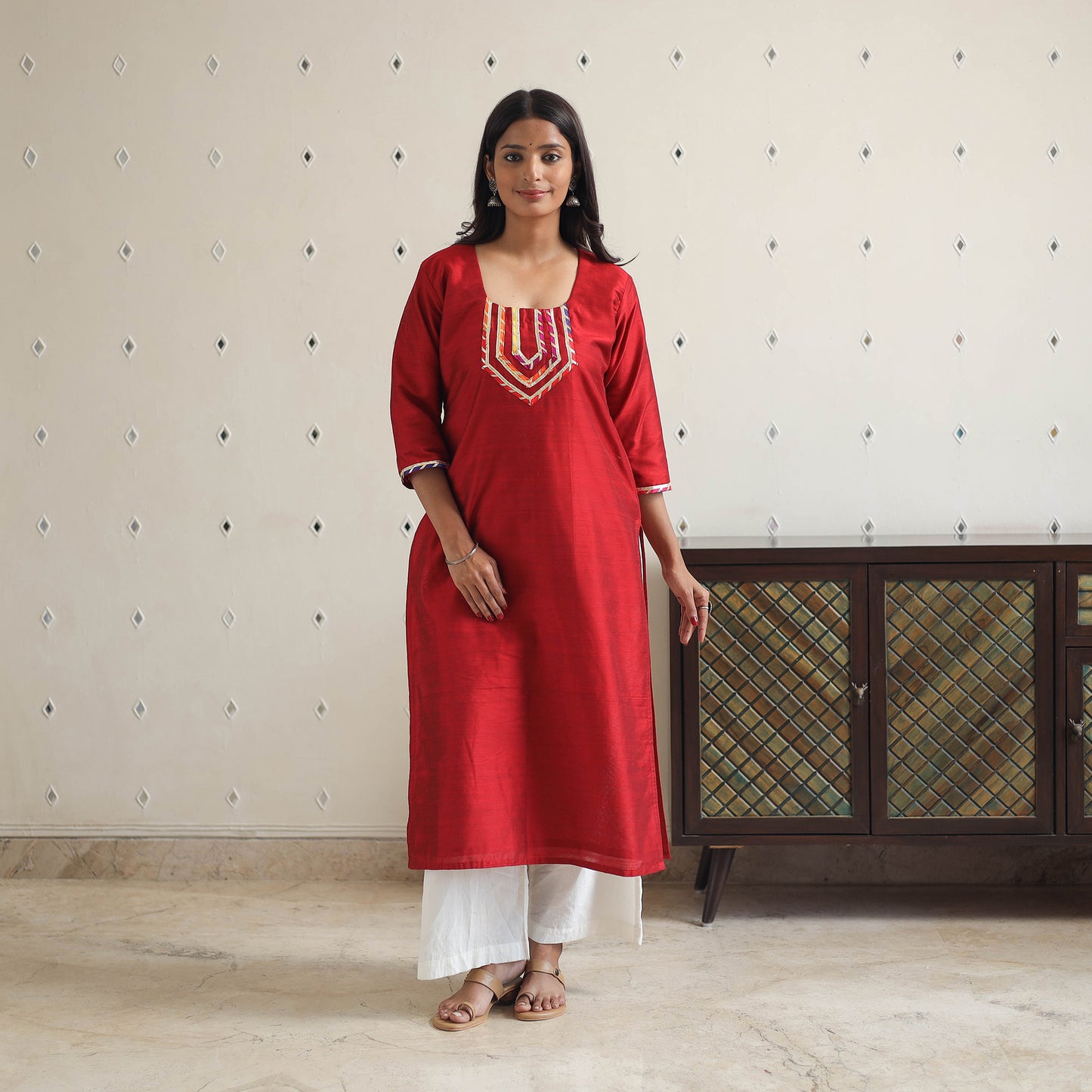 Red - Aaliya Maroon Gota Work Slub Silk Plain Kurta